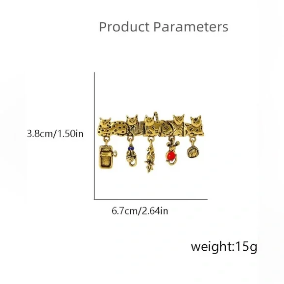 Gold Cat Brooch with Charms - Picture 5 of 5